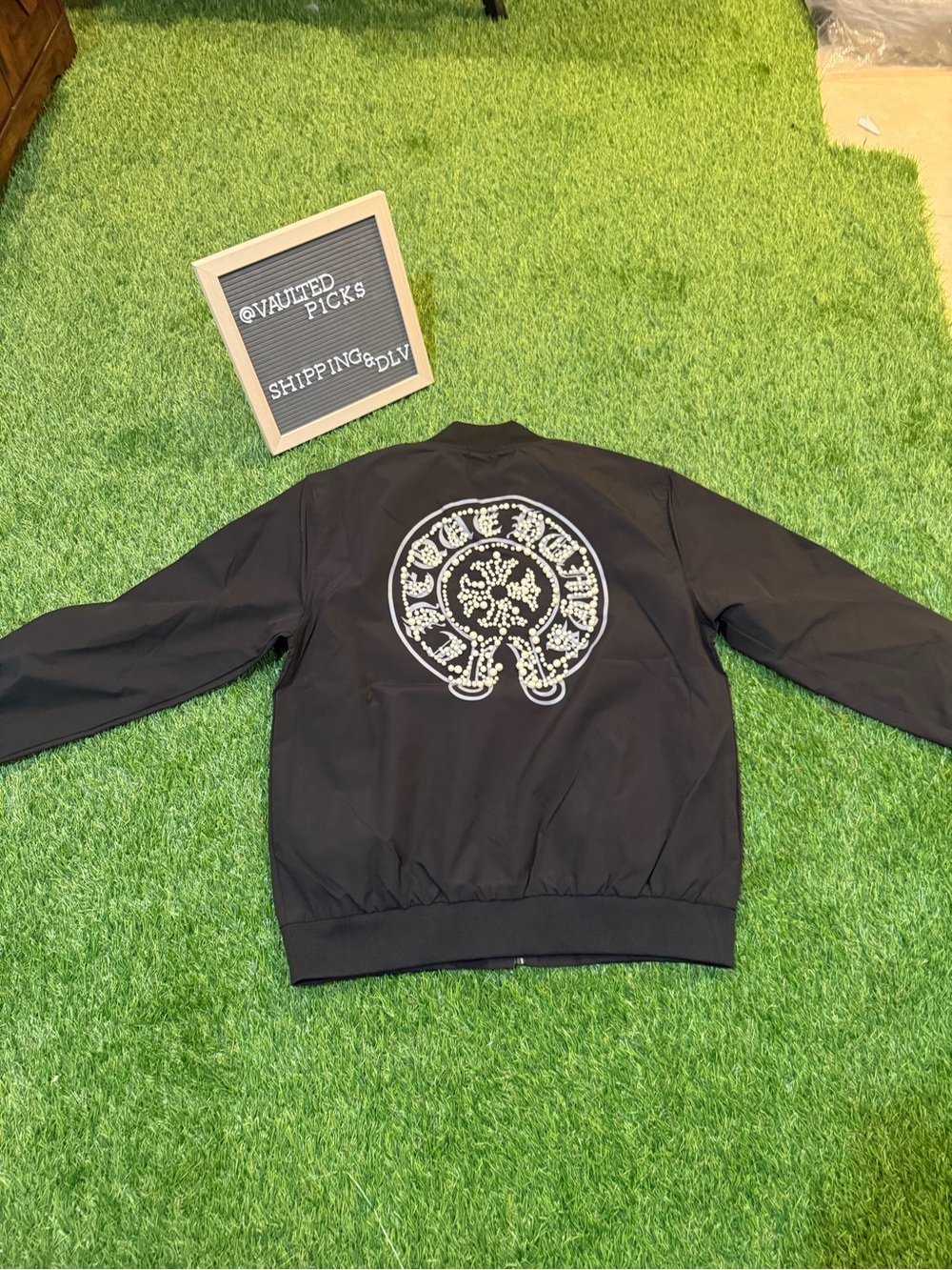 Chrome Hearts Black Bomber Jacket with White Back Emblem